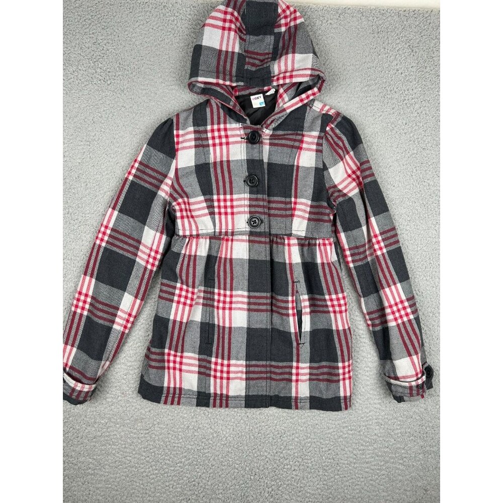 Roxy Girls Plaid Coat Size Medium Peacoat Pockets Hooded Y2K Multicolor